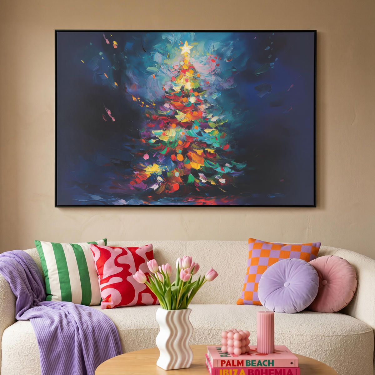 LEINWAND Bilder mit Rahmen - Weihnachtsbaum - Weihnachten - Abstrakt - Farbenfroh - 150x100 - Multicolor, Textil (150/100cm) - MuchoWow