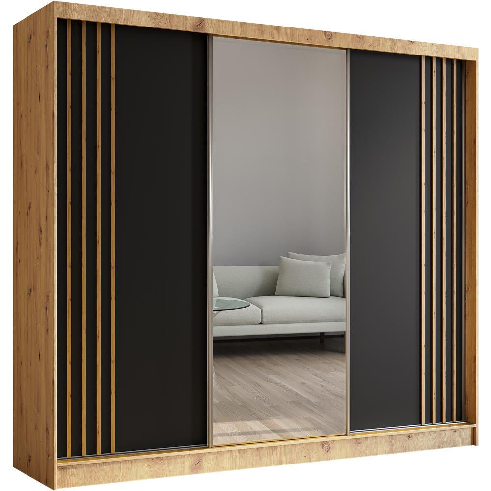 SCHWEBETÜRENSCHRANK Nela 240/216/61 eiche artisan mit Schubladen - Schwarz/Eiche Artisan, Holzwerkstoff (240/216/61cm) - Beautysofa