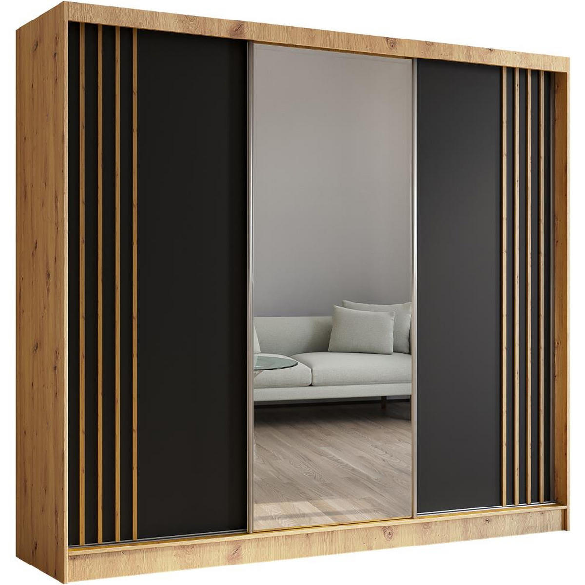 SCHWEBETÜRENSCHRANK Nela 240/216/61 eiche artisan mit Schubladen - Schwarz/Eiche Artisan, Holzwerkstoff (240/216/61cm) - Beautysofa