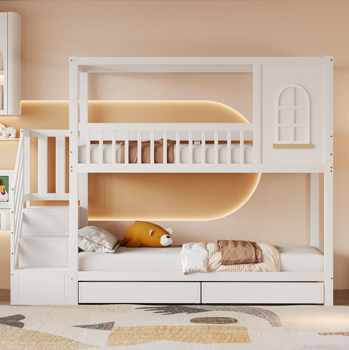 PALANDA 90/200 cm z masivu s domečkovým designem, bezpečnostním zábradlím, schodištěm a úložnými zásuvkami, Bílá - bílá, kompozitní dřevo (90/200cm) - Redom