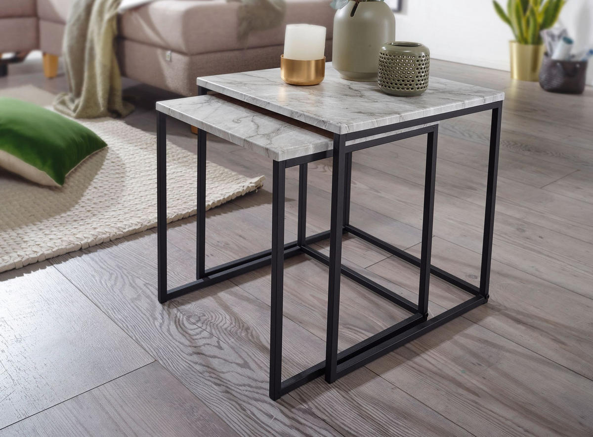 BEISTELLTISCH Set – 2-teilig Marmoroptik Metall 40x42,5x40 cm 35x39,5x35 cm - Schwarz/Weiß, Holz/Metall (40/40/42cm) - KADIMA DESIGN