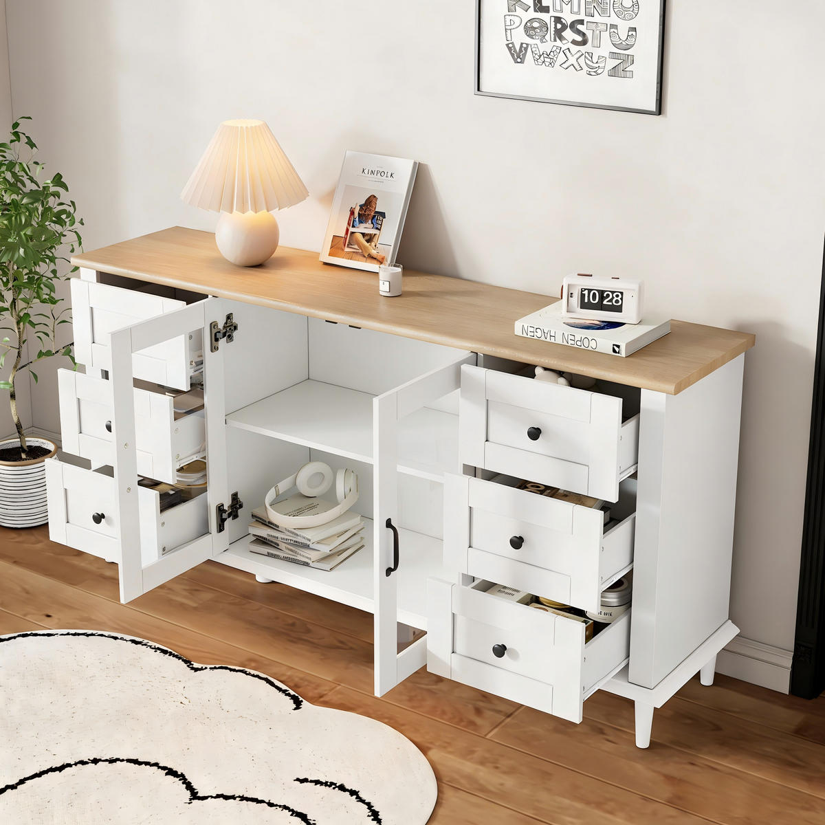 SIDEBOARD 150/40/75 cm mit 2 Acryltüren, 6 Schubladen & LED in Weiß/Holzoptik - Weiß, Holzwerkstoff (150/75/40cm) - BEAOK
