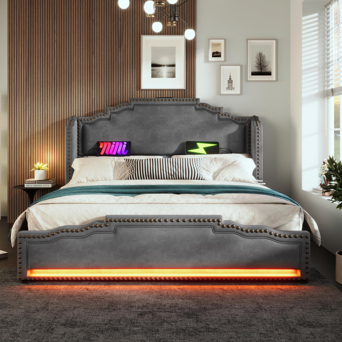 POLSTERBETT mit 4 Schubladen und LED 140x200 cm Samt Grau - Grau, Metall (140/200cm) - Meubliv