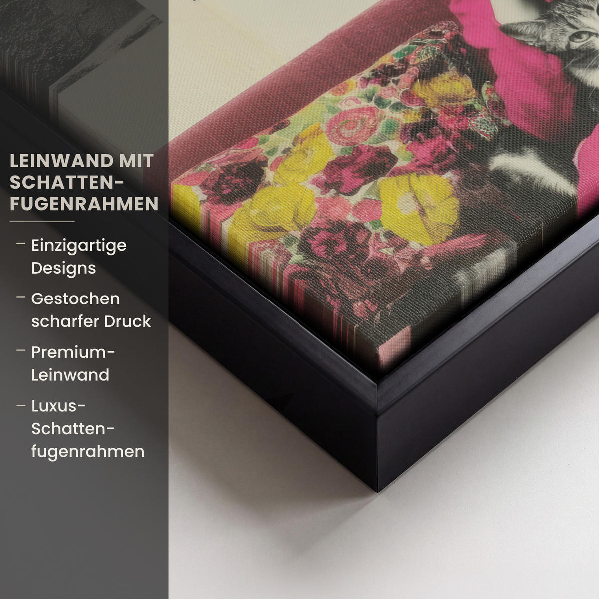 LEINWAND Bilder mit Rahmen - Frau - Katze - Blumen - Tasse - Retro - 30x20 - Magenta, Textil (30/20cm) - MuchoWow