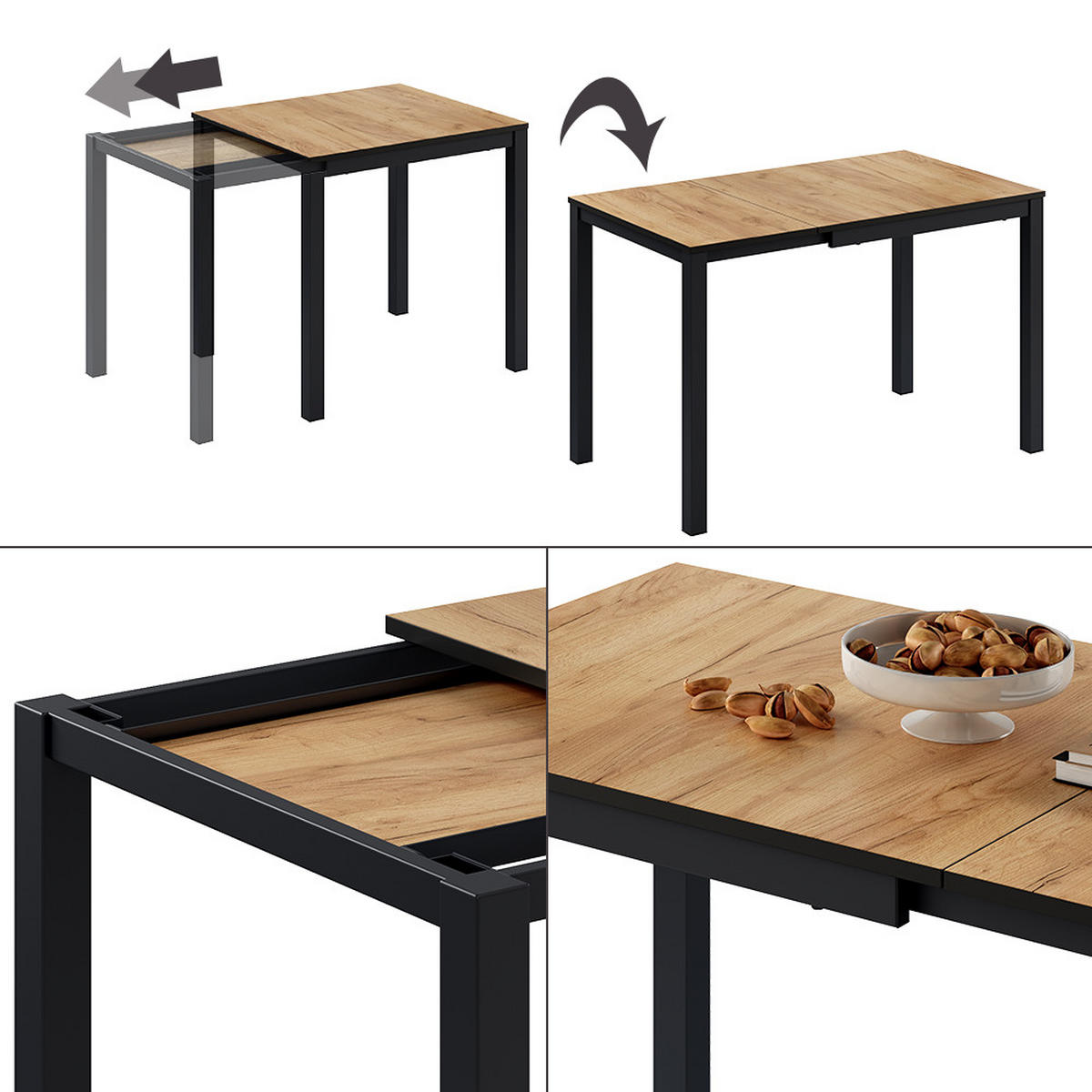 ESSTISCH Granny Eiche/Anthrazit 120 x 70 cm ausziehbar - Eichefarben/Anthrazit, Holzwerkstoff (70/120/76cm) - Vicco