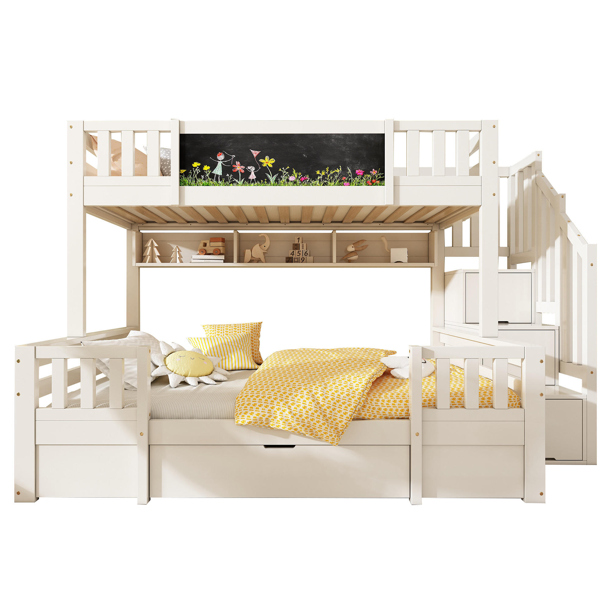Redom PALANDA 253/145/150 cm s tabulí, úložným schodištěm a zásuvkami, masivní dřevo/MDF, Bílá