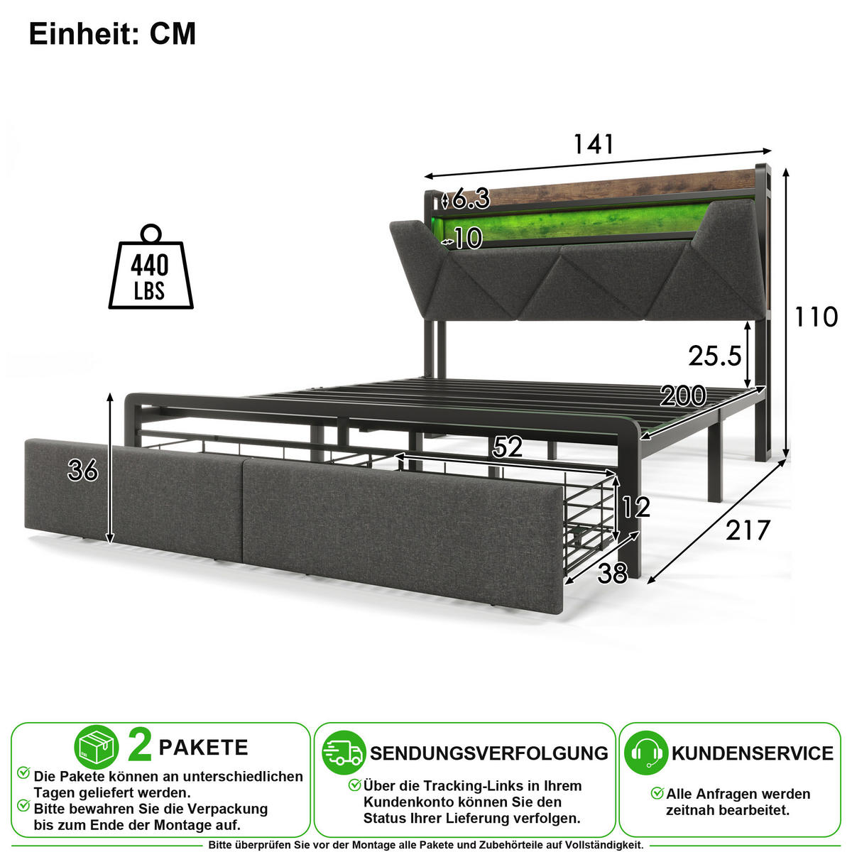 POLSTERBETT 140/200 cm in Grau Leinen mit LED, USB und 2 Schubladen - Grau, Holzwerkstoff/Textil (140/200cm) - CHICFURN