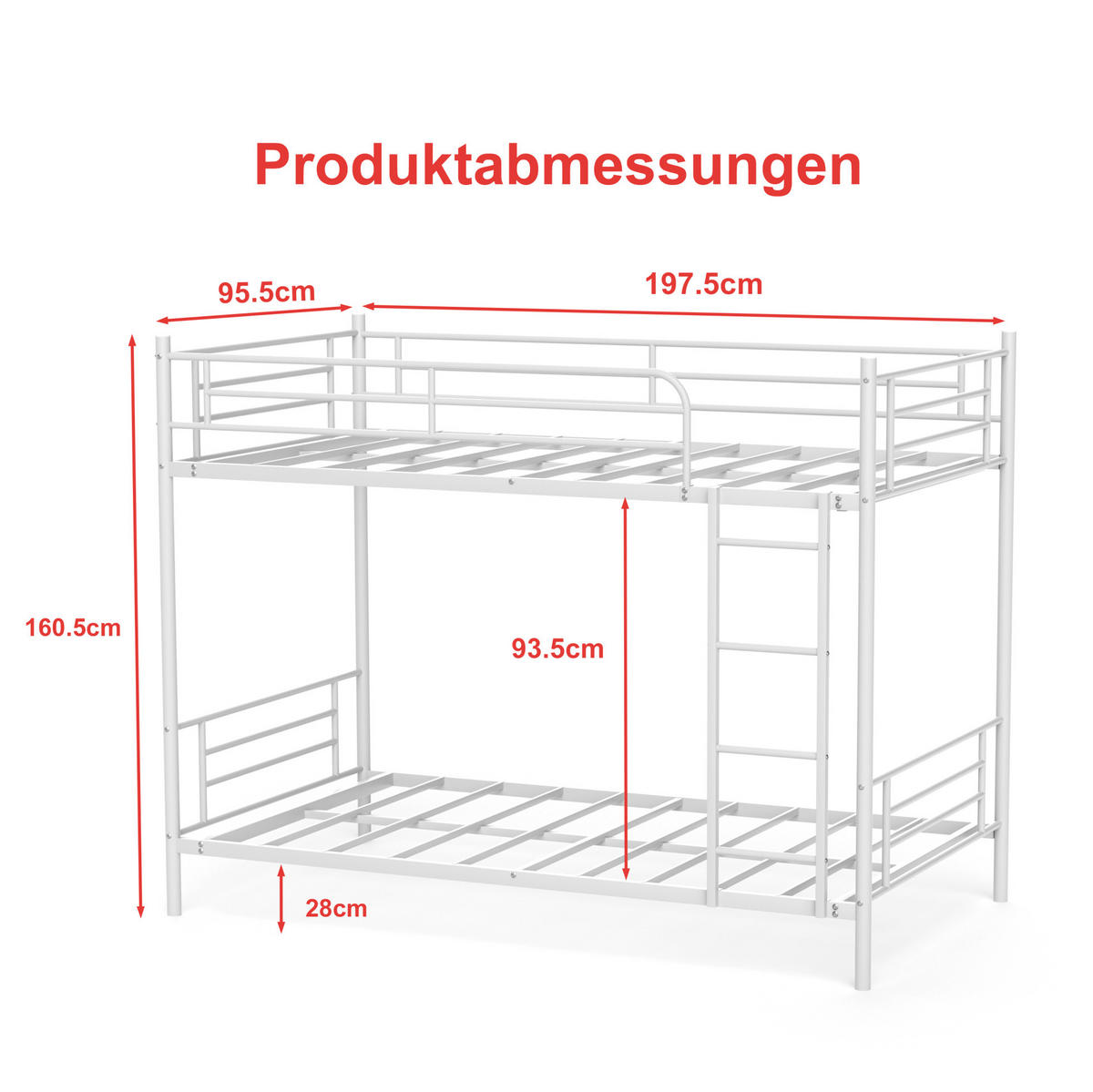 ETAGENBETT Stahl 90x190 cm Weiß mit Leiter und Absturzsicherung - Weiß, Metall (90/190cm) - Modfu