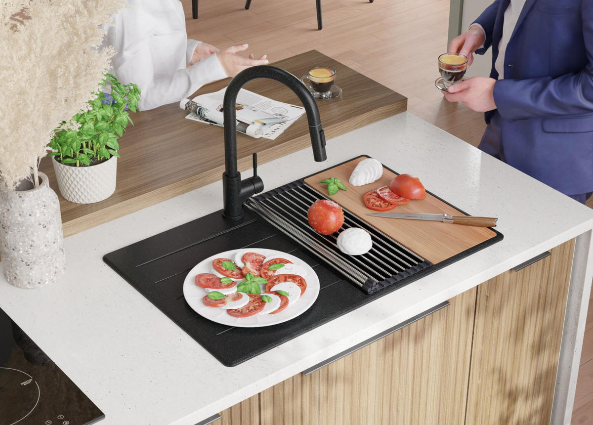 SPÜLBECKEN Kopenhagen, 2-er set Anthrazit 78/50 cm 1 Becken + Ablauf-Set + Schneidebrett ab 50er Unterschrank - Chromfarben/Anthrazit, Kunststoff (78/20/50cm) - Primagran