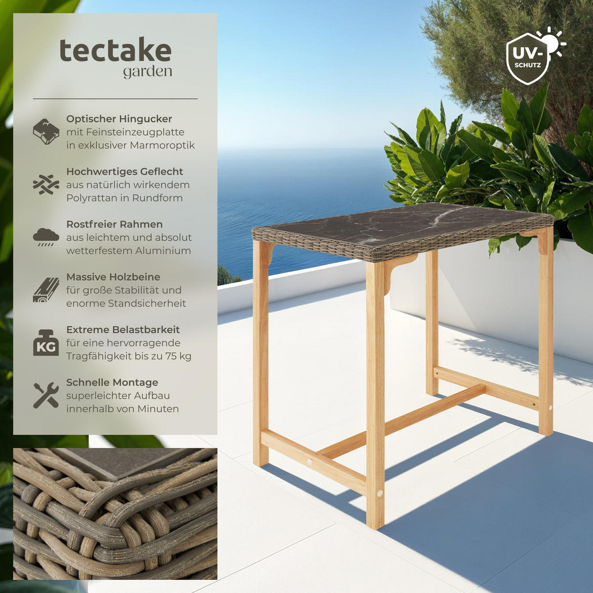 RATTAN BARTISCH Kutina,96 x 65 x 100 cm,natur - Naturfarben, Kunststoff (96/65/100cm) - tectake