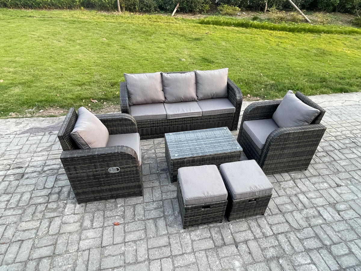 GARTENMÖBELSET mit Couchtisch Polyrattan 7-Sitzer - Dunkelgrau/Grau, Glas/Kunststoff - Fimous