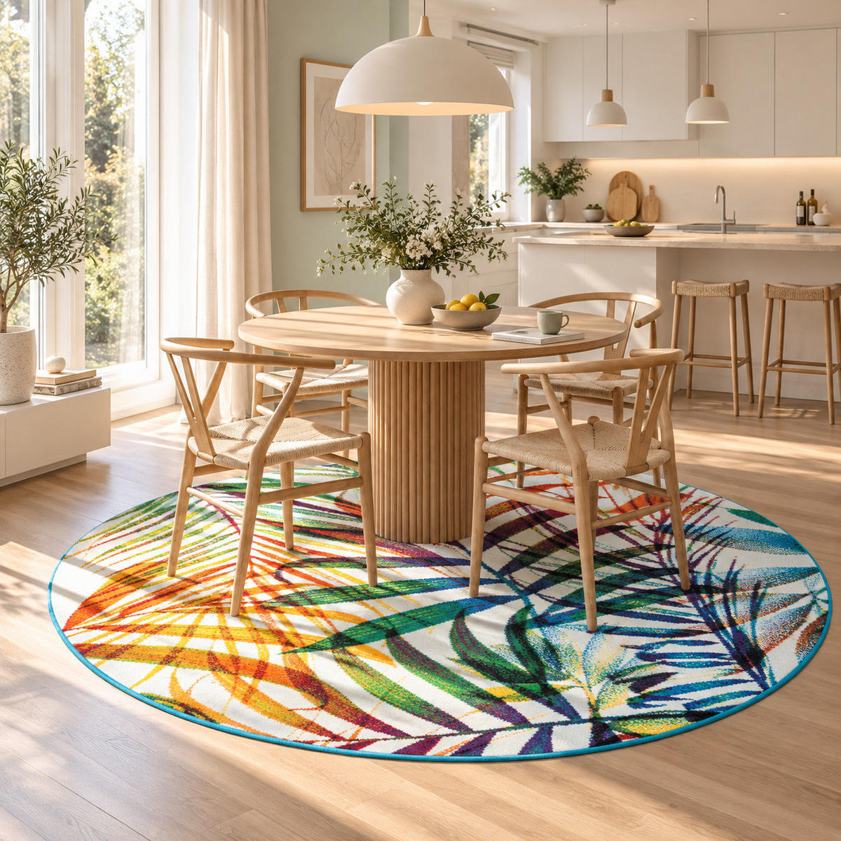 DESIGNER TEPPICH FARO TROPICAL BUNTE ZWEIGE RUND - Multicolor, Textil (160/160cm) - Pergamon