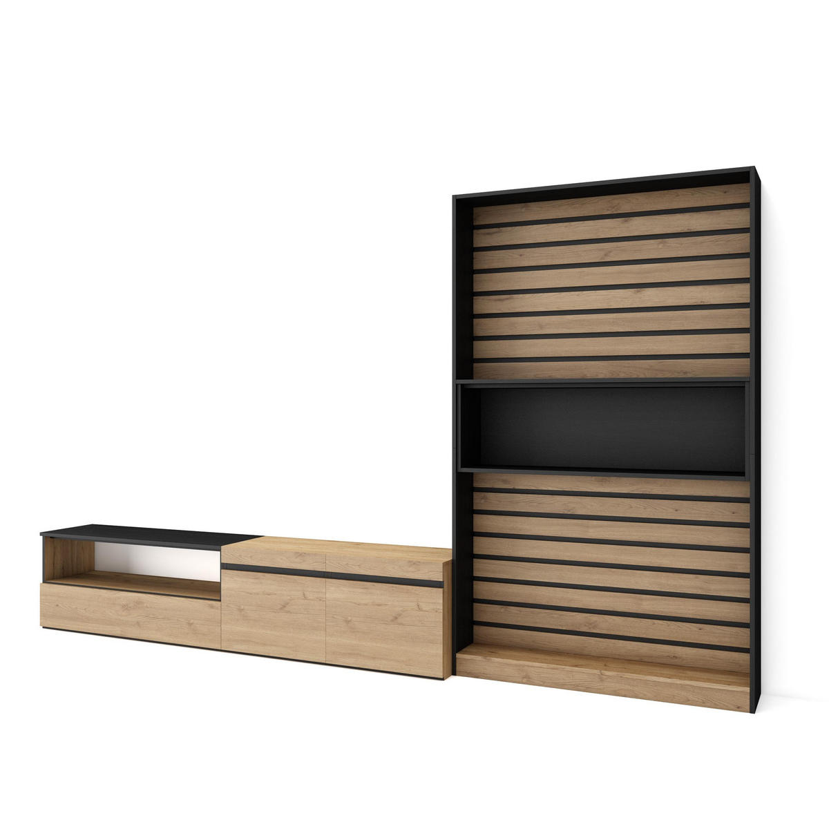 WOHNWAND Wohnzimmer, eiche, schwarz, 310/35/186cm - Eichefarben/Beige, Holzwerkstoff (310/186/35cm) - Skraut Home