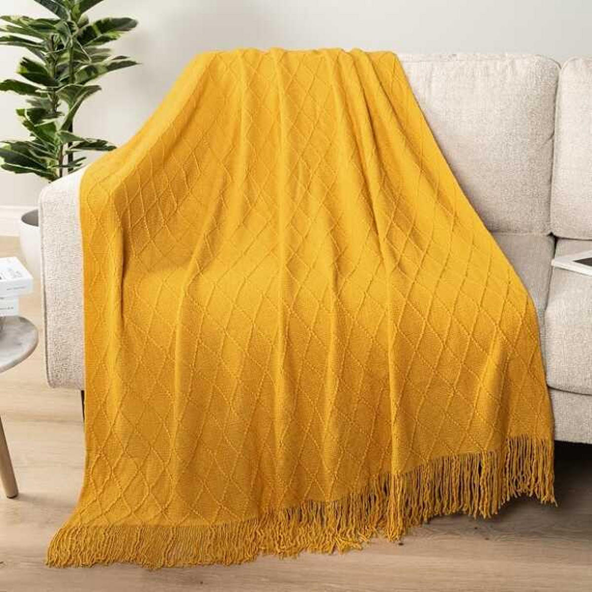 STRICKDECKE - 127 × 180 cm - Gelb - Gelb, Textil (127/180cm)
