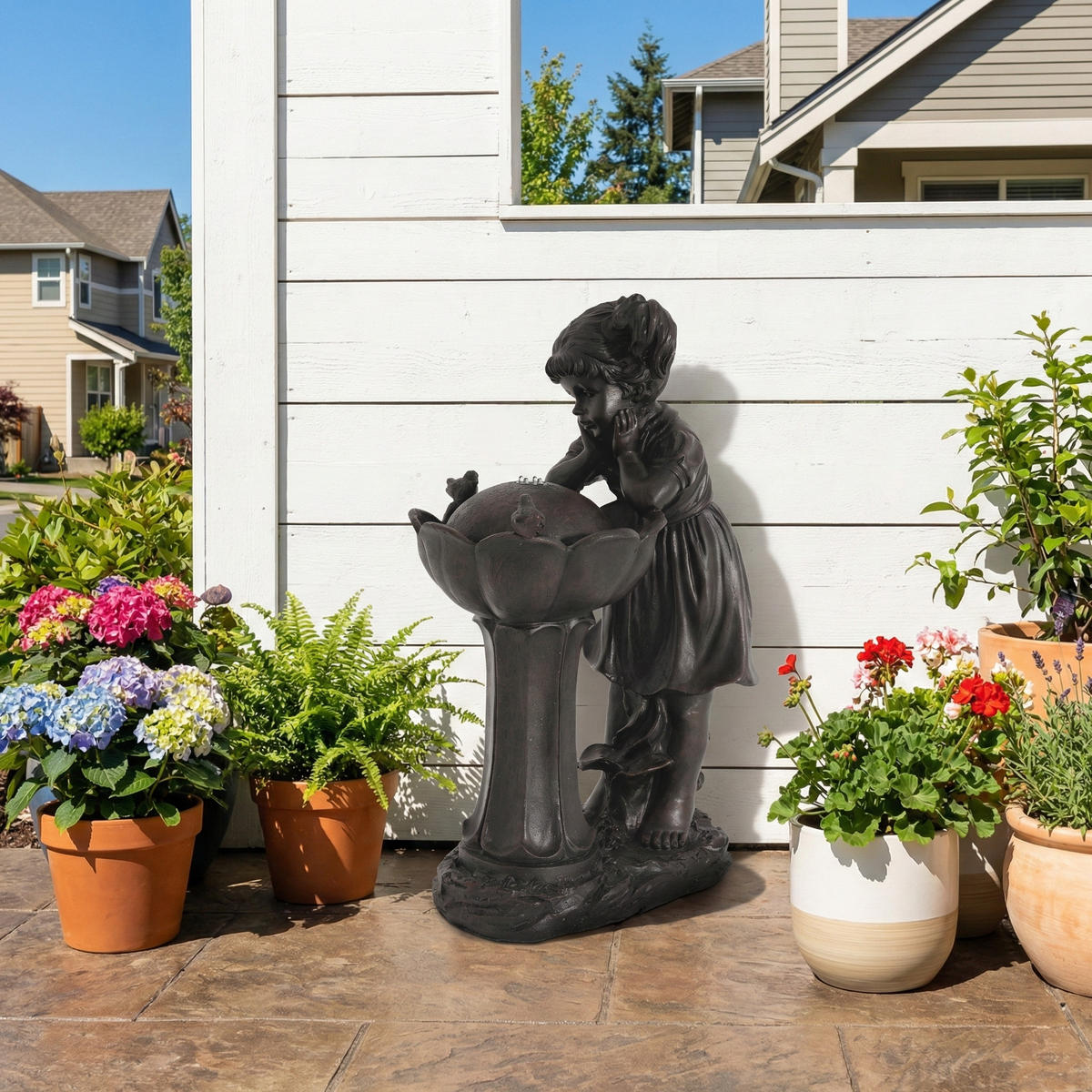GARTENBRUNNEN LED Kupfer Mädchen Figur 65.5cm Außen Terrasse - Bronzefarben, Naturmaterialien (30/42/65.5cm) - FLIEKS