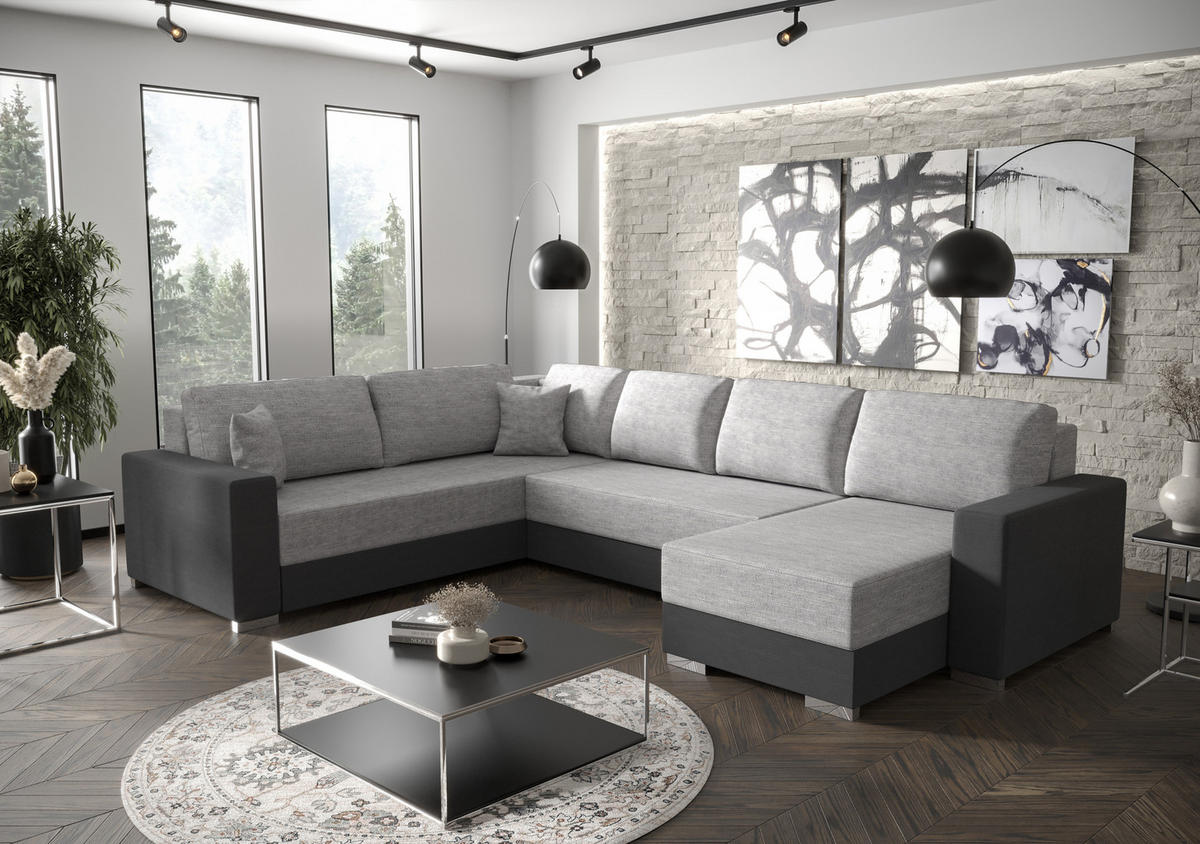 WOHNLANDSCHAFT Prado rechts mit Schlaffunktion und Bettzeugcontainer - Hellgrau/Grau, Textil (314/88/210cm) - SIMKAM Furniture