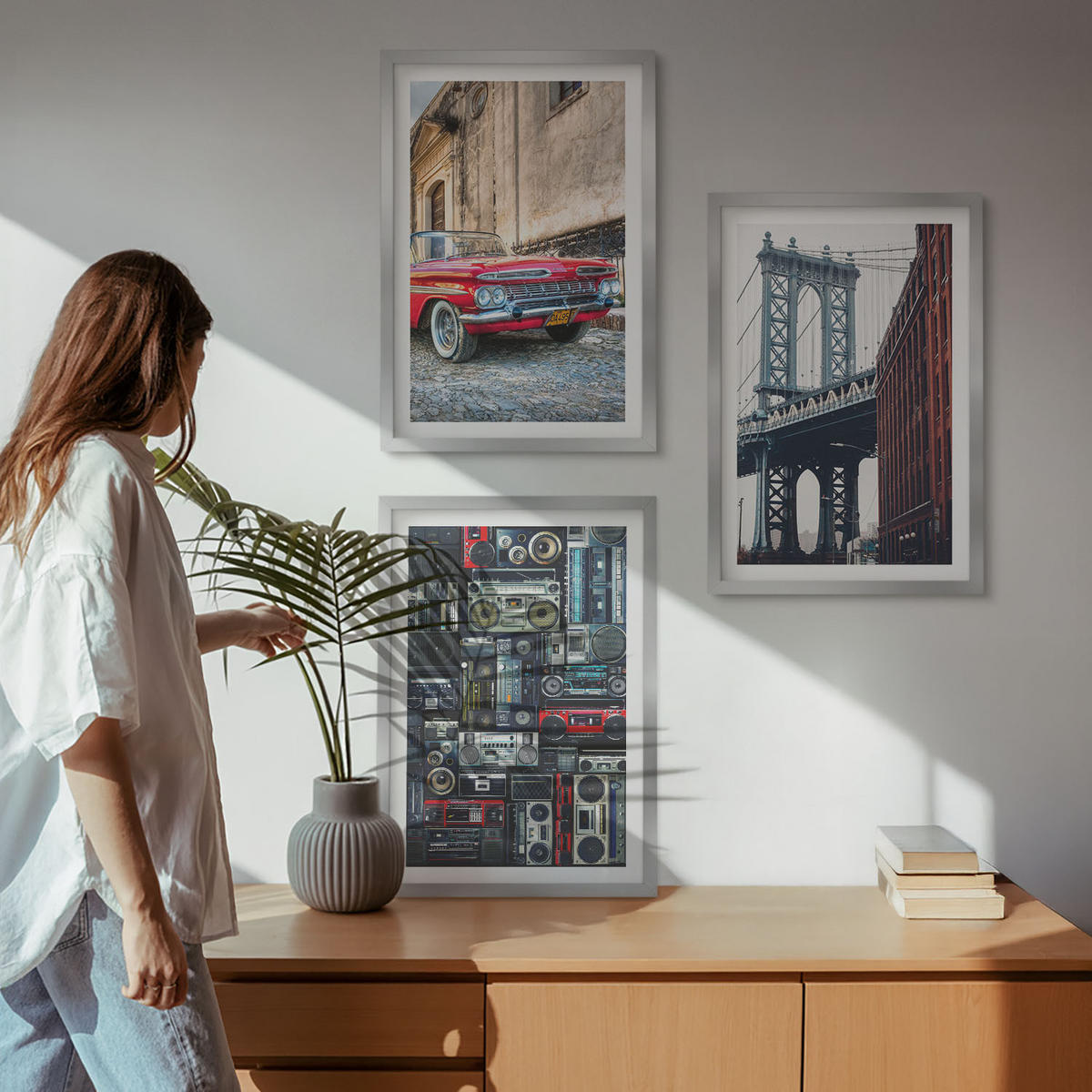 WANDBILDER 3er Set - 40x60 cm Silberner Rahmen - Alte Autobrücke Brooklyn Retro-Audio - Silberfarben, Kunststoff (40/60cm) - ArtPrintCave