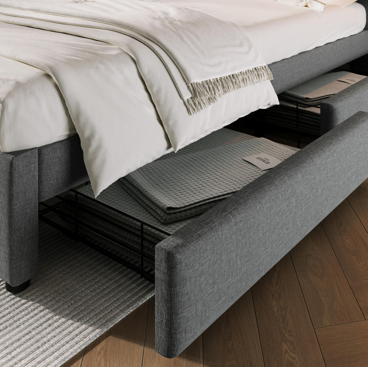 BETT mit 4 Schubladen & USB-C 140x200 cm Leinen Grau - Grau, Metall (140/200cm) - Meubliv