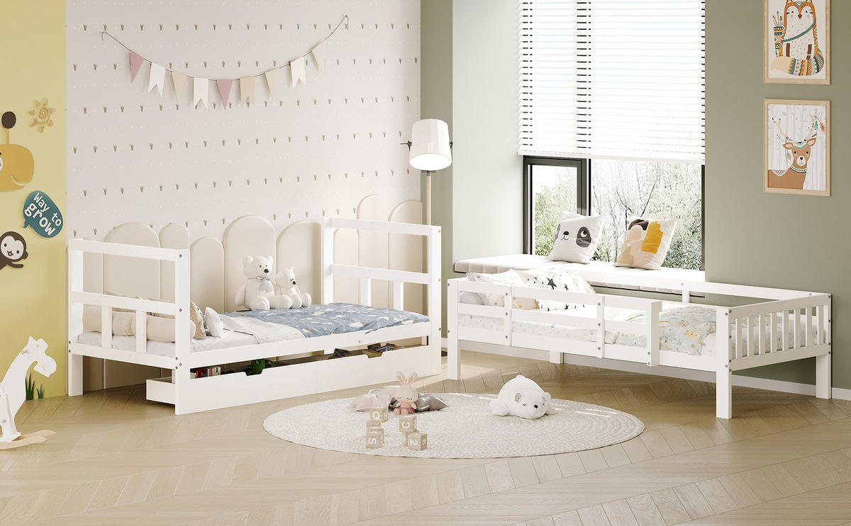 ETAGENBETT 90x200 cm 2 Schubladen Leiter Lattenrost weiß - Weiß, Holz (90/200cm) - LEBENLANG