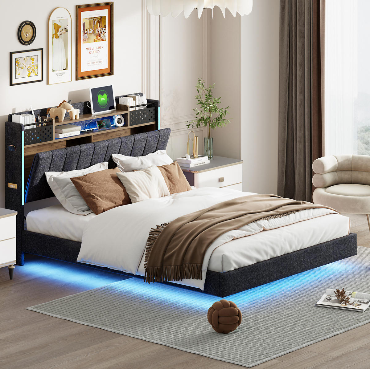 ČALÚNENÁ posteľ z ľanu 140x200 cm sivá s LED osvetlením, USB portom a úložným čelom - sivá, textil (140/200cm) - Modfu