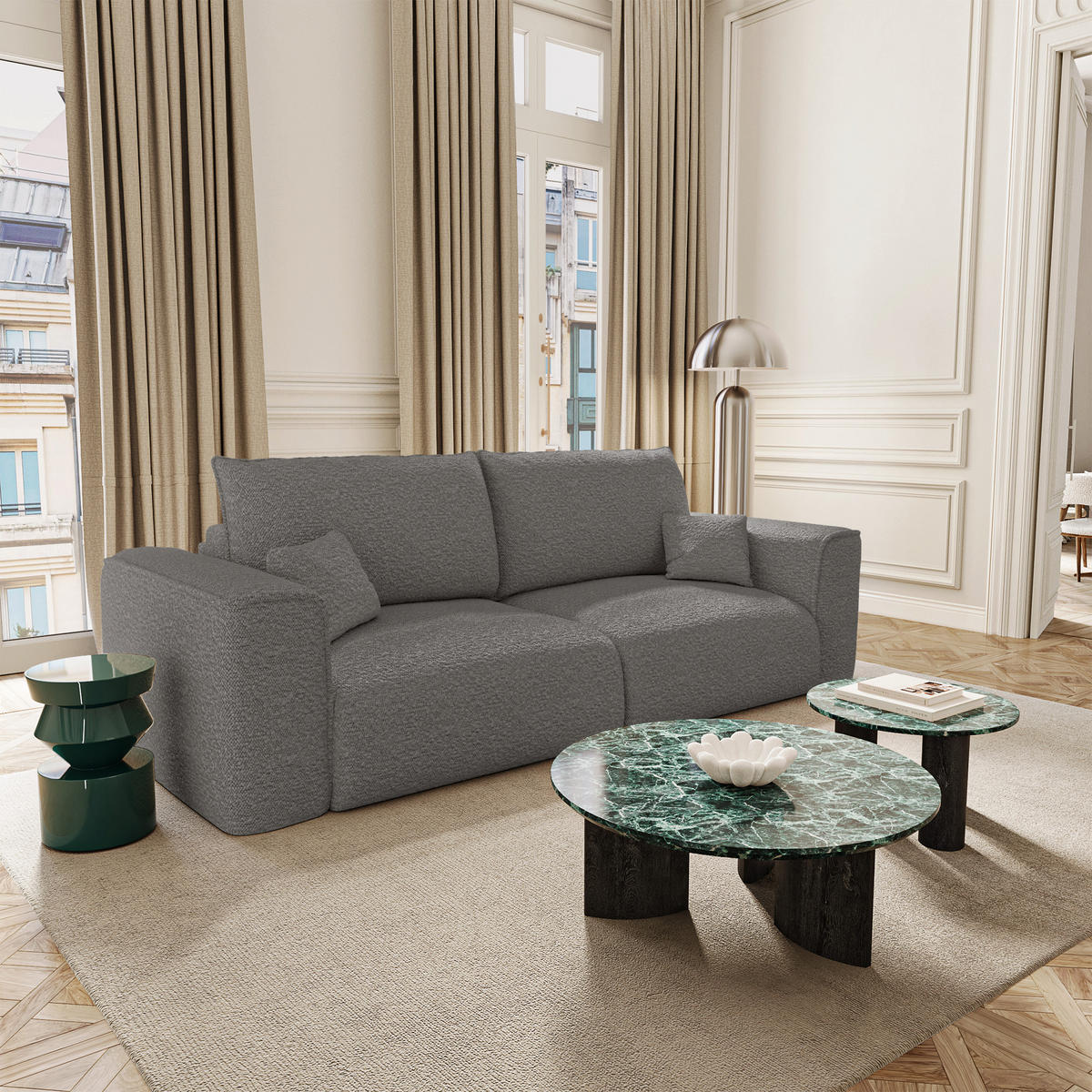 SCHLAFSOFA mit Stauraum COMO Bouclé-Stoff Graphitgrau 254cm - Dunkelgrau/Graphitfarben, Textil (254/78/95cm) - Premium Interiors