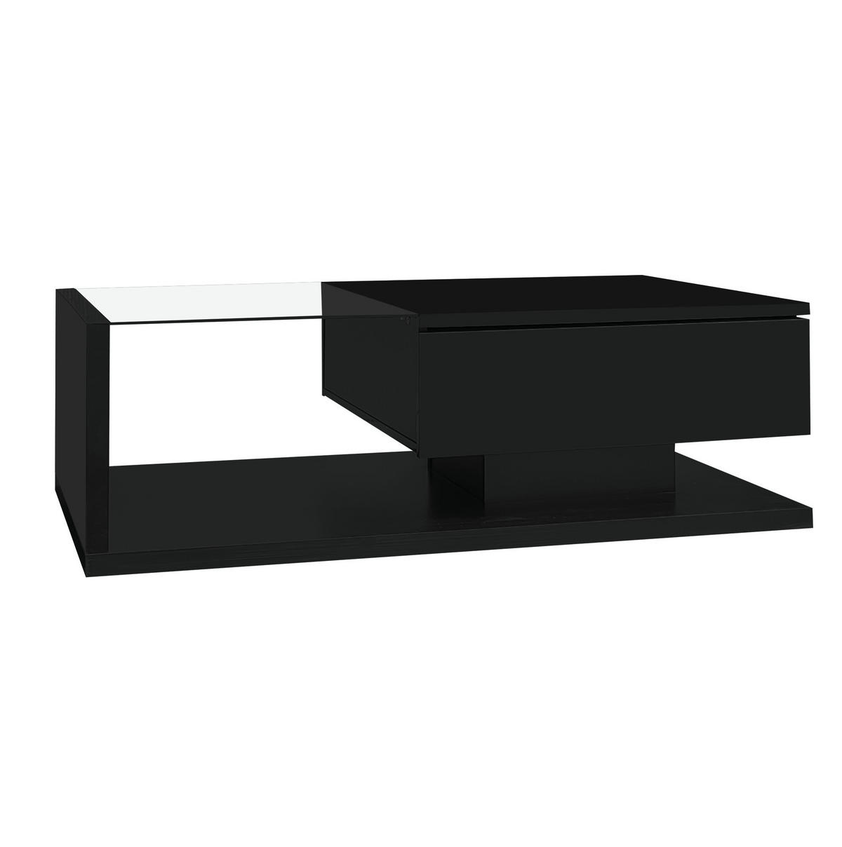 COUCHTISCH aus Spanplatte 105x55x32,5 cm Schwarz Hochglanz mit Glasplatte, LED-Beleuchtung und Ablagefach - Schwarz, Holzwerkstoff (105/55/32.5cm) - IVMEU