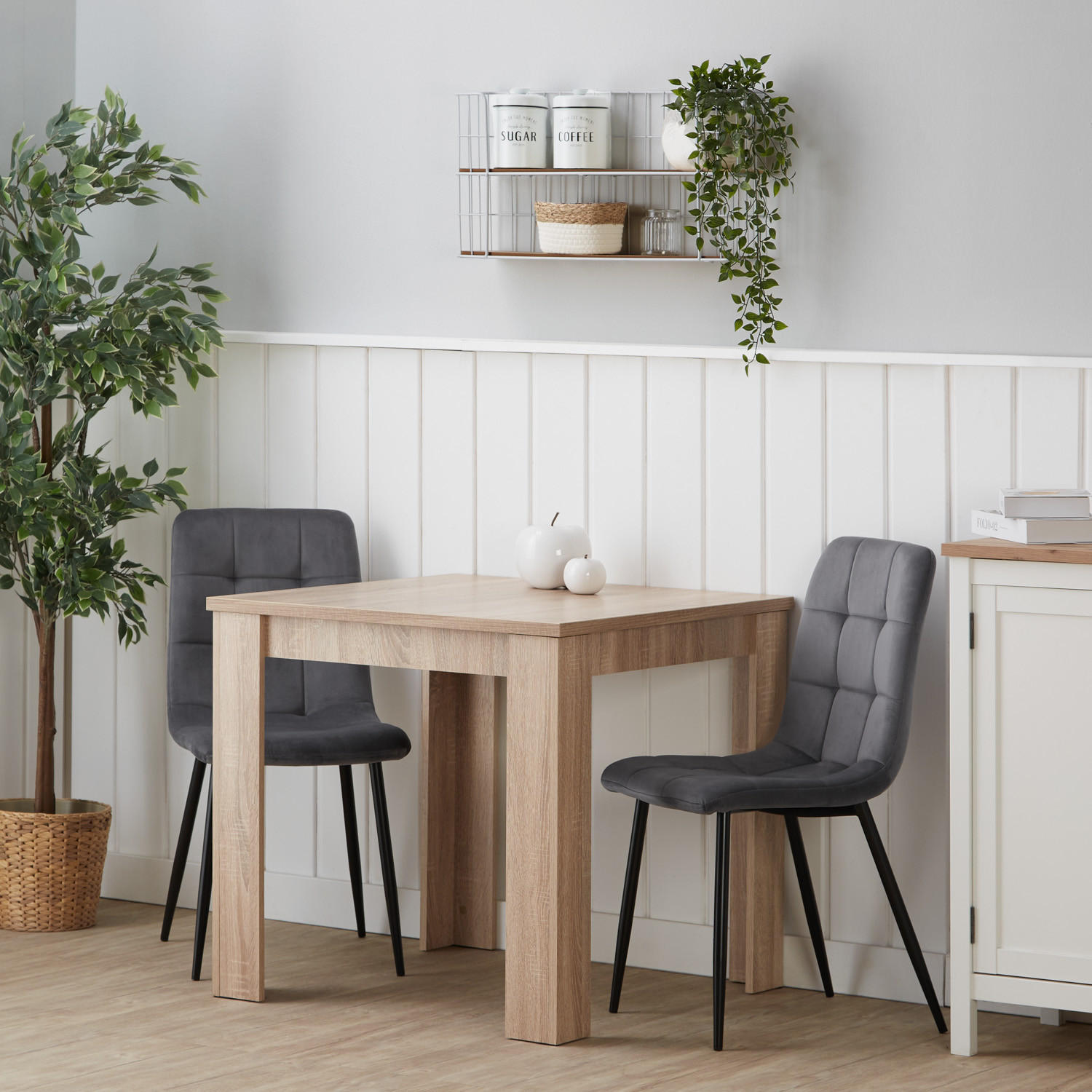 TISCHGRUPPE 80/80 cm Natur mit 2 Stühle in Samt Grau - Naturfarben/Grau, Holz/Textil (80/88/80cm) - Homestyle4u