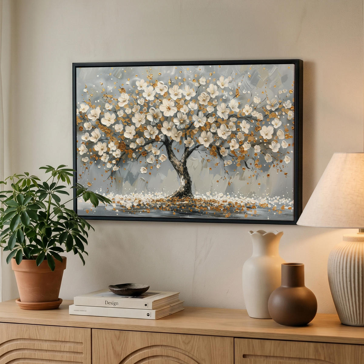 LEINWAND Bilder mit Rahmen - Baum - Blumen - Weiß - Natur - Kunst - 60x40 - Weiß, Textil (60/40cm) - MuchoWow