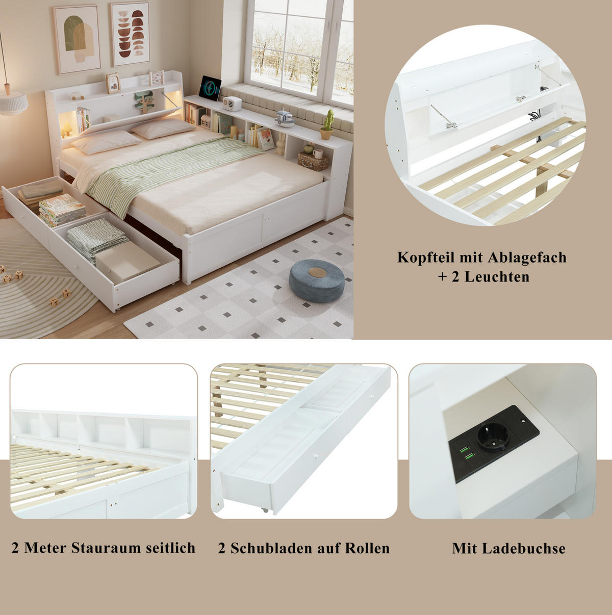 MANŽELSKÁ posteľ 140/200 cm biela s úložným čelom, osvetlením a nabíjacou zásuvkou z masívu a MDF - biela, drevo (140/200cm) - OKWISH