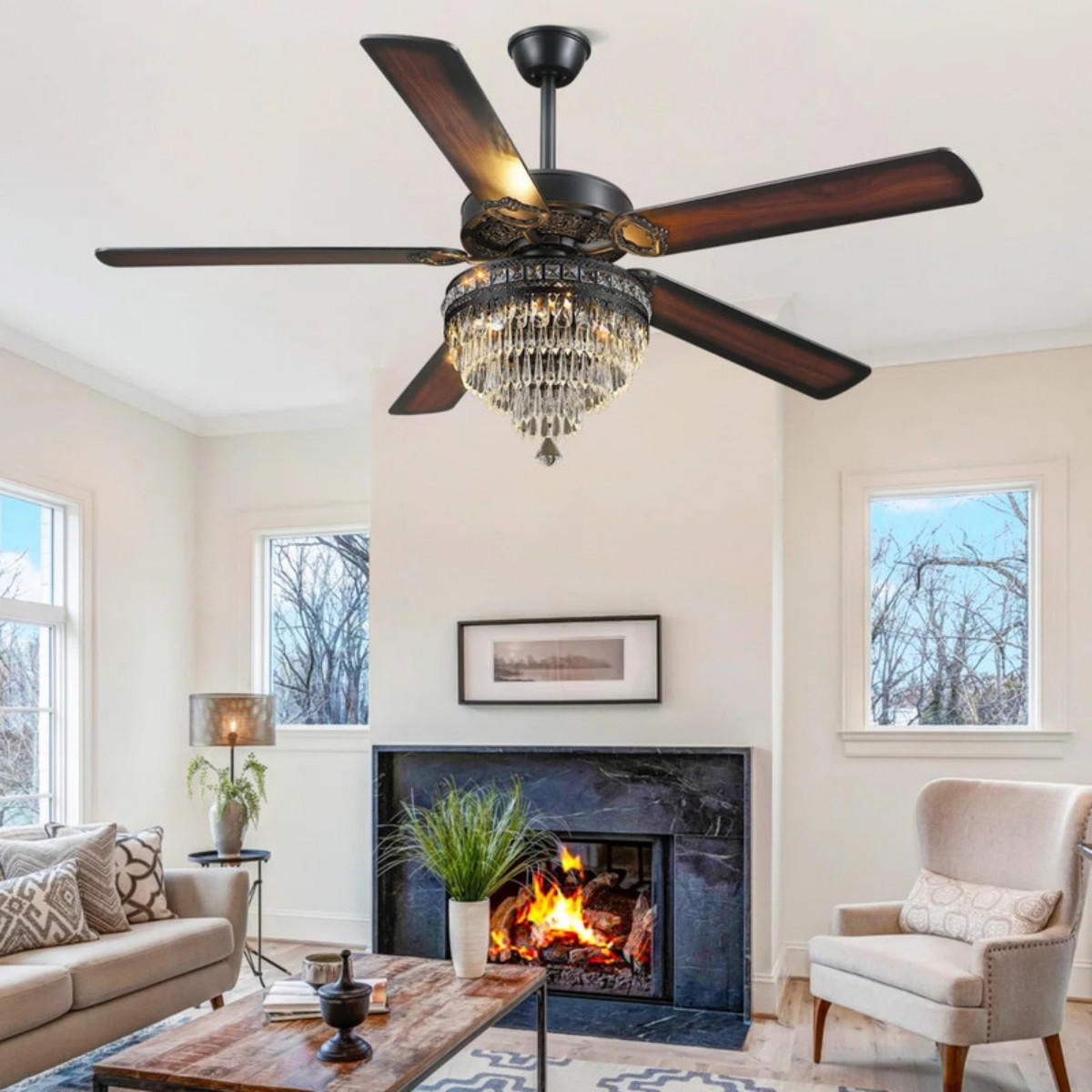 DECKENVENTILATOR Schwarz 132 cm mit Kristallleuchte und Fernbedienung - Schwarz, Metall (132.1/132.1/59.9cm) - Surtime