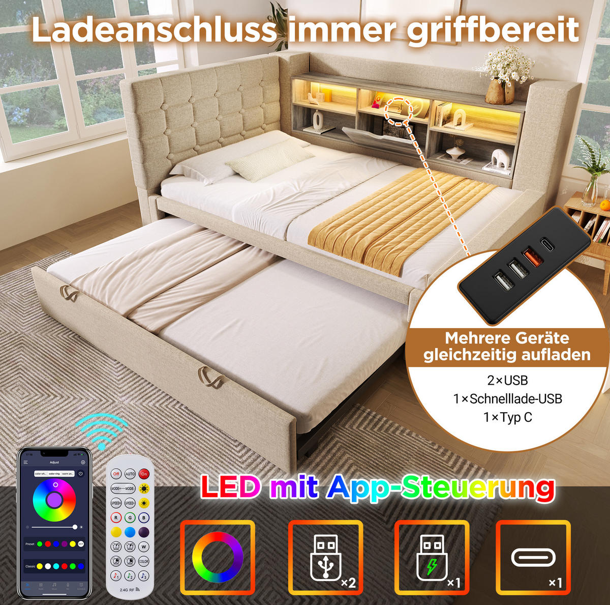 BETT mit Ausziehbett und Stauraum 90x200 cm Leinen Beige - Beige, Metall (90/200cm) - Meubliv