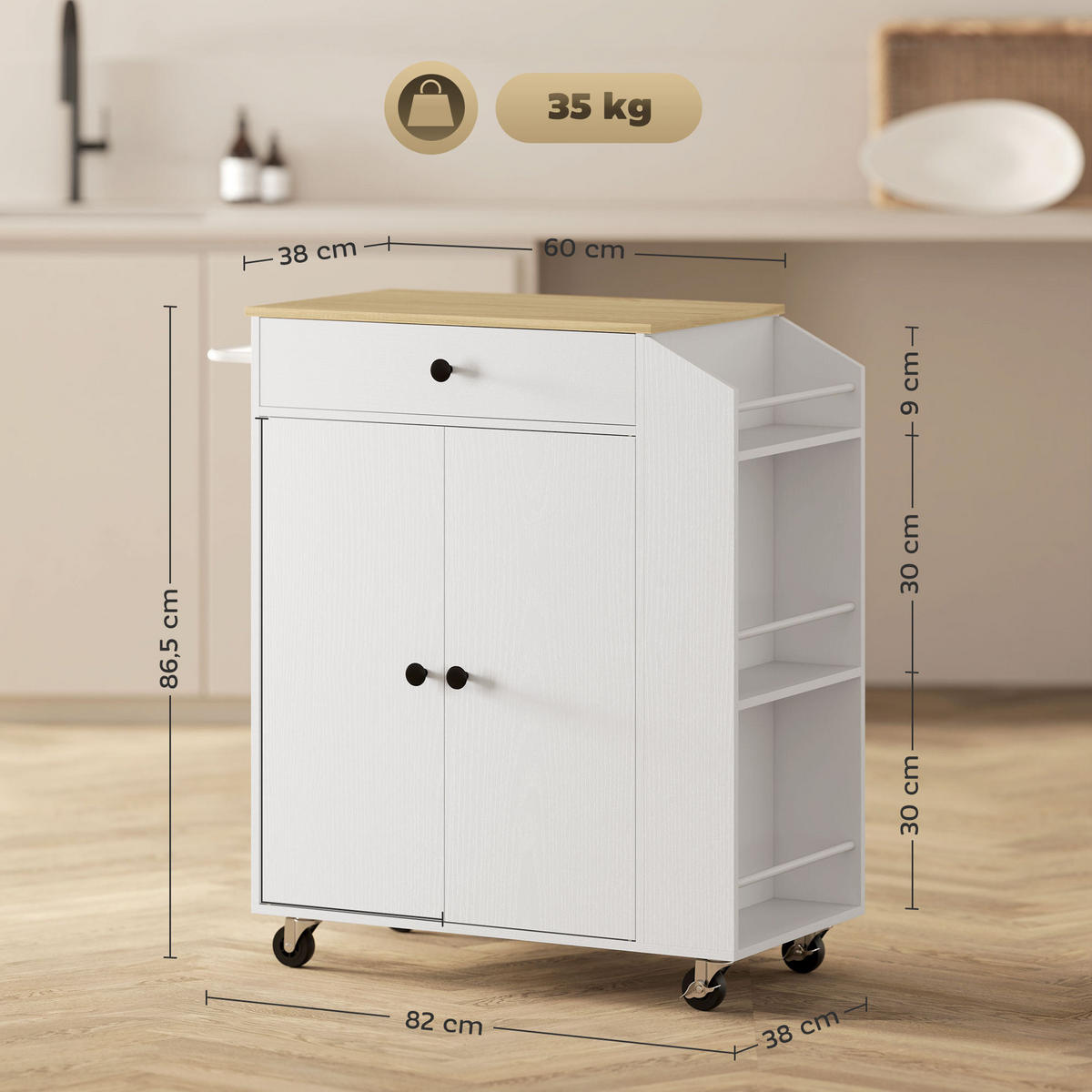 KÜCHENWAGEN mit Arbeitsplatte, Schublade und Schrank Weiß - Weiß, Holz (38/86.5/82cm) - Beauniv