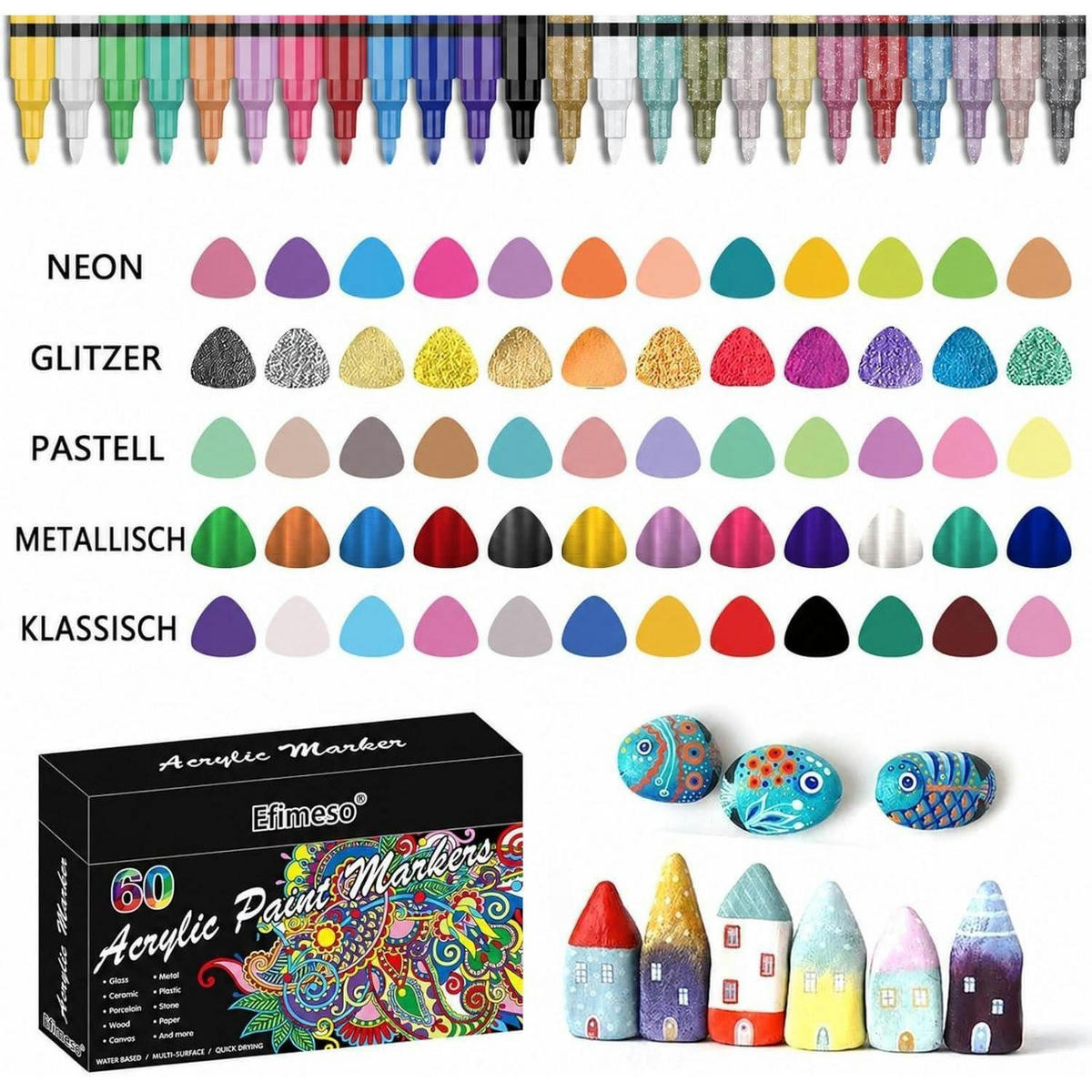 ACRYLSTIFTE 60er Set 0,7 mm Wasserfest für Stein, Holz, Glas - Multicolor, Kunststoff (1/1/14cm)