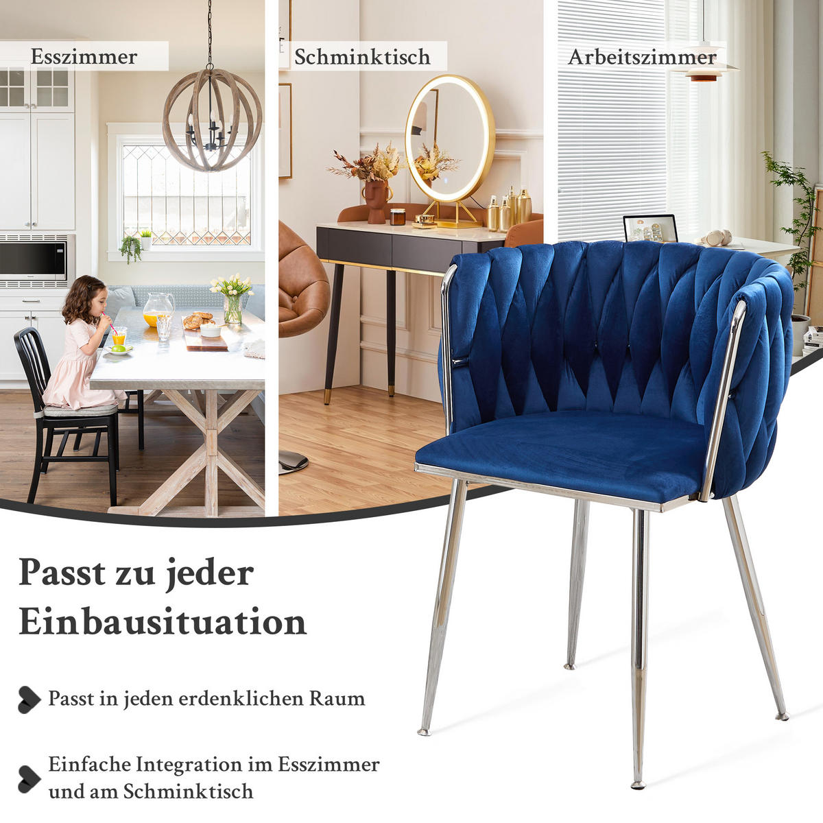 ARMLEHNSTUHL-SET DE-36443 2 Stück mit Samtbezug und Web-Design Marineblau - Blau, Metall (48/75/55cm) - ComfortXL