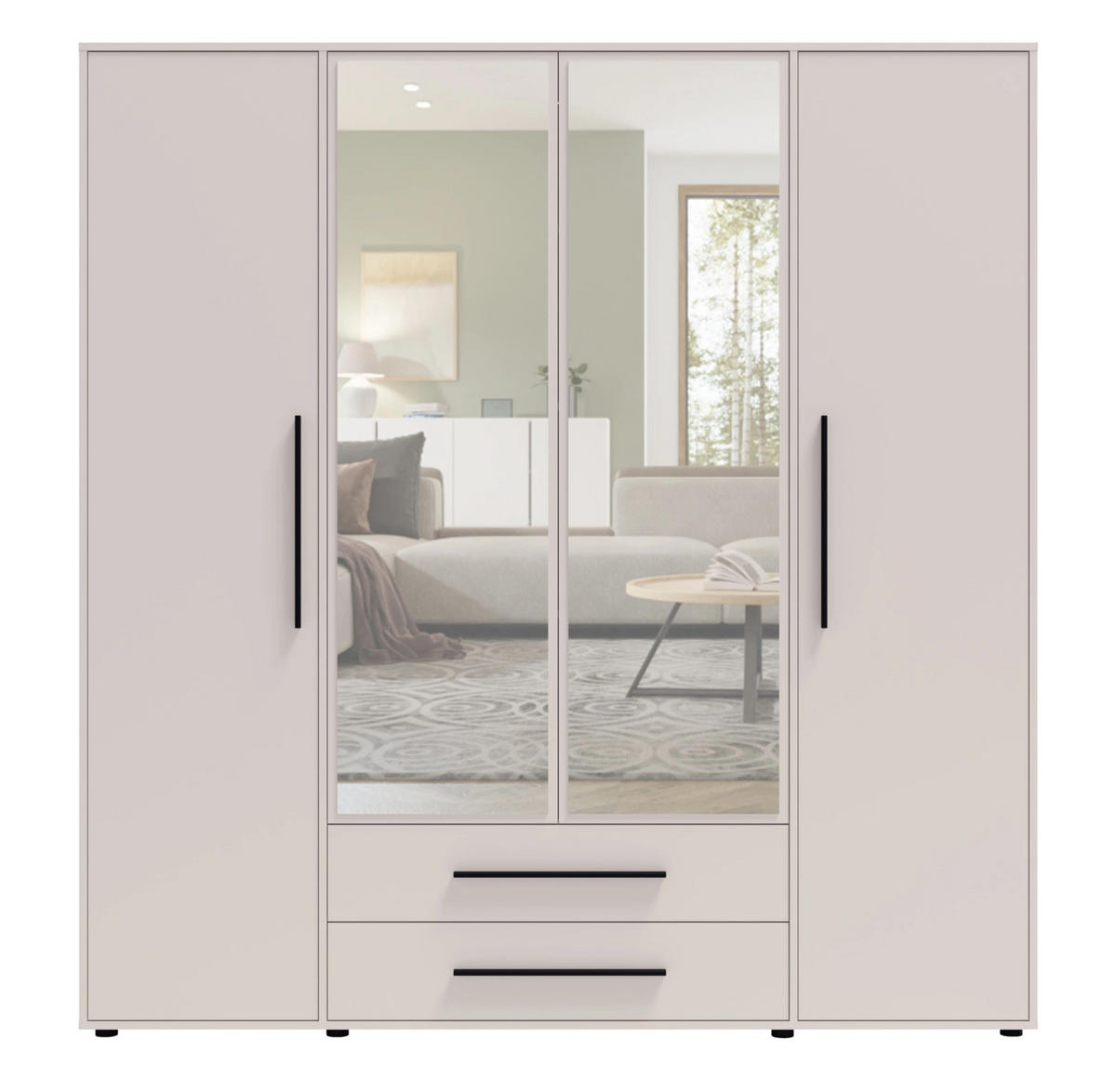 KLEIDERSCHRANK Modena in Kaschmirfarbe, mit Spiegel, mit Tür, mit Türen und Schubladen - Kaschmir/Schwarz, Holzwerkstoff/Kunststoff (200/206/59cm) - Ravio