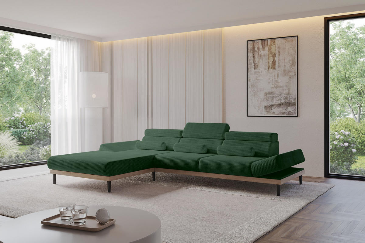 ELEKTRISCHES ECKSOFA Links MONA 316x205x85 Grün Cord - Salbeigrün/Grün, Holzwerkstoff/Textil (316/205cm) - ALTDECOR