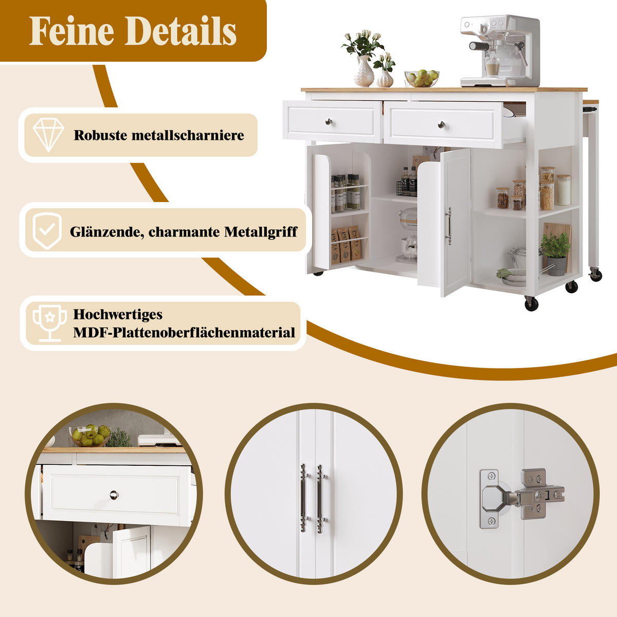 MOBILER Servierwagen 120x81.5x92cm Weiß mit 2 Schubladen & 7 Rollen - Weiß, Holzwerkstoff (120/92/81.5cm) - Modfu