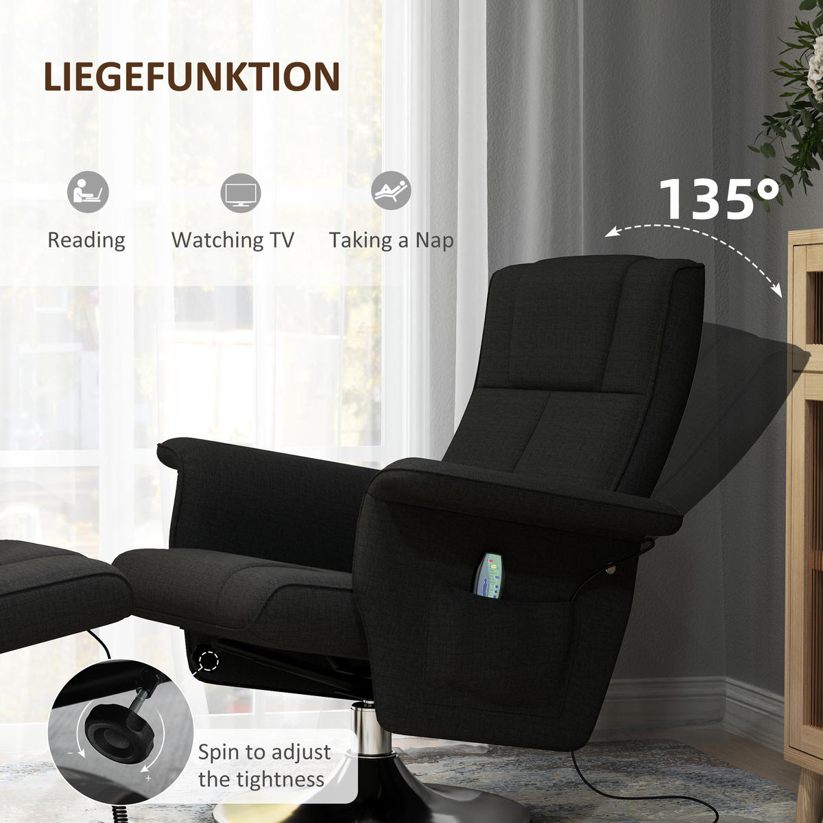 MASSAGESESSEL mit Fußhocker, elektrischer Relaxsessel mit Liegefunktion Schwarz - Schwarz, Textil/Metall (95/88/78cm) - HOMCOM