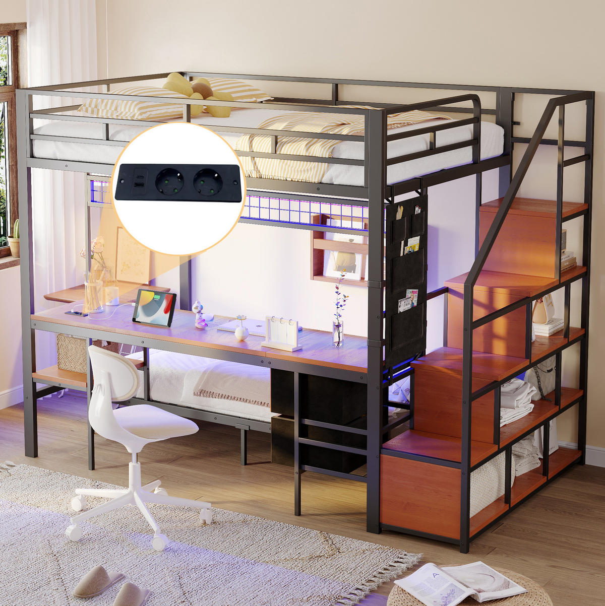 HOCHBETT 140/200 & 90/200 cm mit Schreibtisch, LED-Beleuchtung und Stauraum - Schwarz, Metall (140/200cm) - Flora Grace
