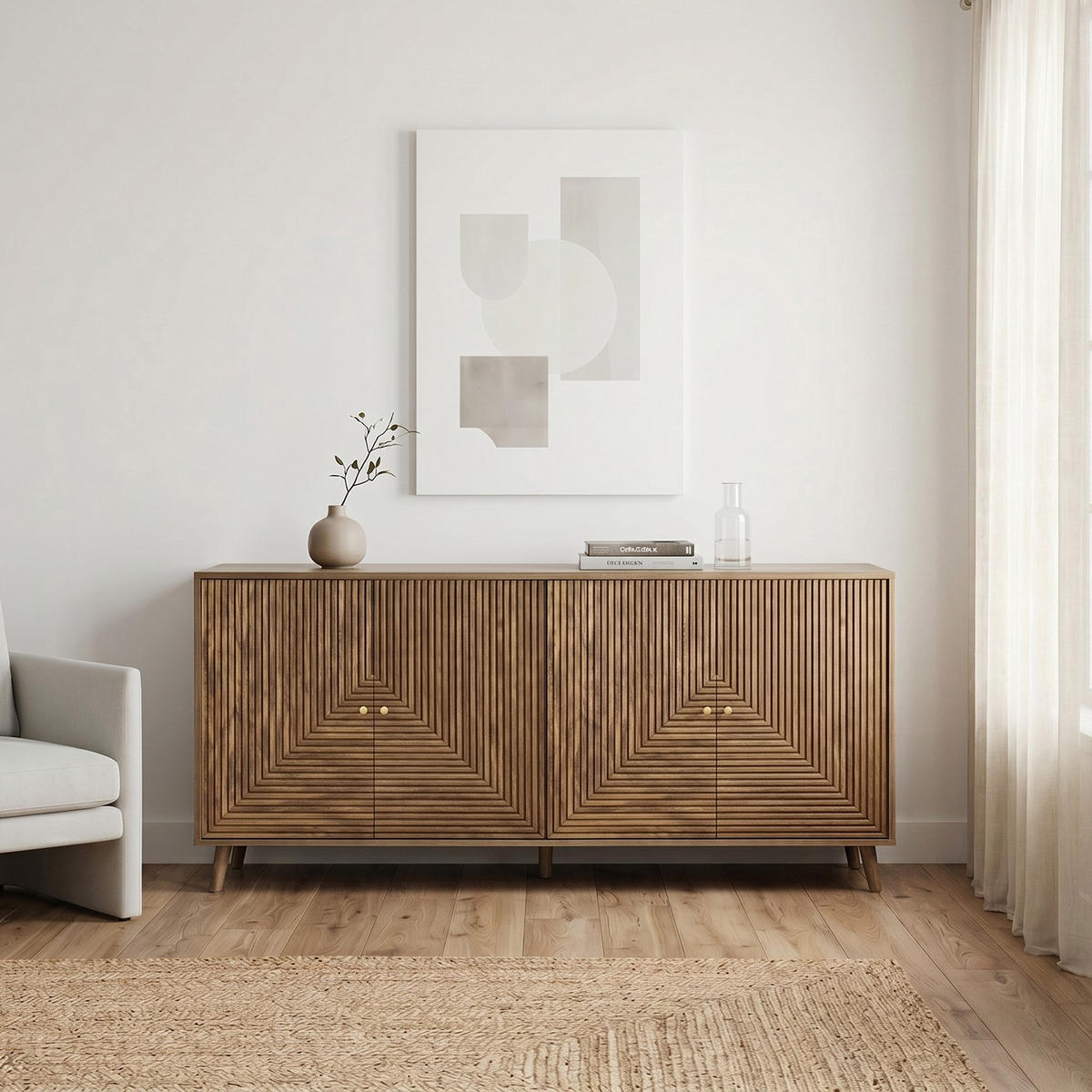 BUFFET mit 4 Türen, laminierten Fronten 39/75/156,5 cm - Eschefarben, Holzwerkstoff (39/75/45cm) - Calicosy