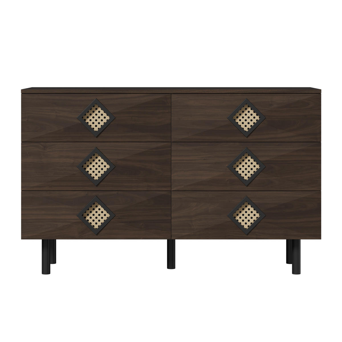 SIDEBOARD Walnuss mit 6 Schubladen & Rattan-Griffen Modern 120×40×74 cm - Walnussfarben, Holzwerkstoff (120/74/40cm) - Urban Meuble