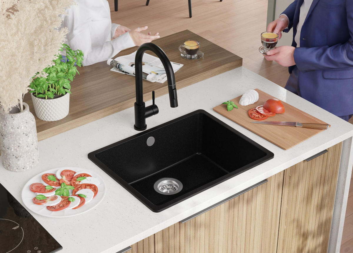 SPÜLBECKEN Venedig Slim Easy, 2-er set Alles Schwarz 56/44 cm 1 Becken + Ablauf-Set ab 60er Unterschrank - Schwarz, Kunststoff (56/20/44cm) - Primagran