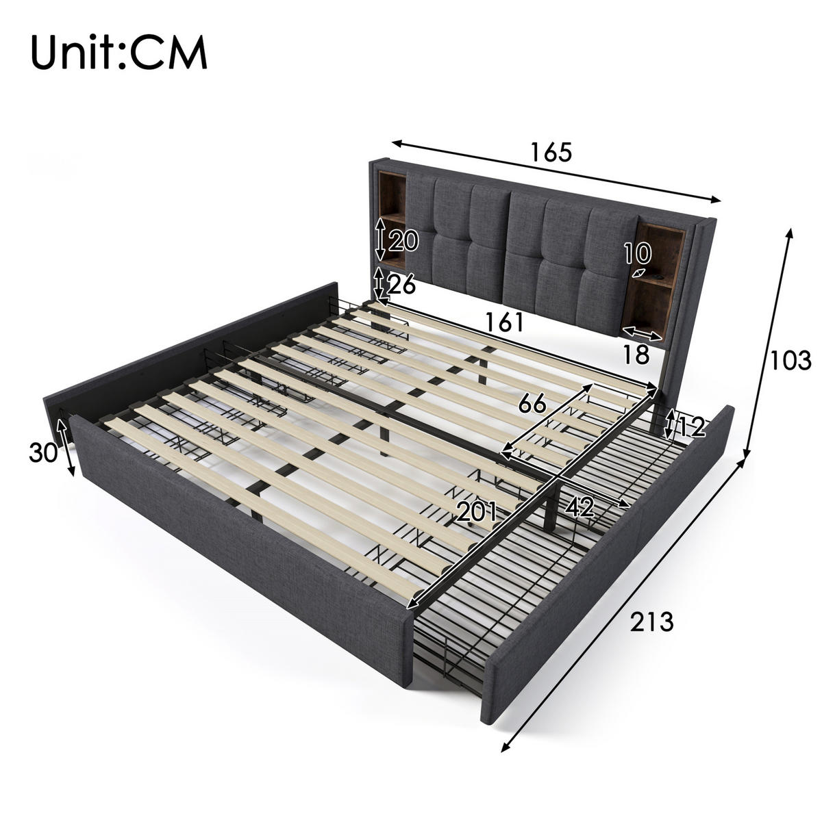BETT mit 4 Schubladen und Ladestation 160x200 cm Leinen Grau - Grau, Metall (160/200cm) - Meubliv