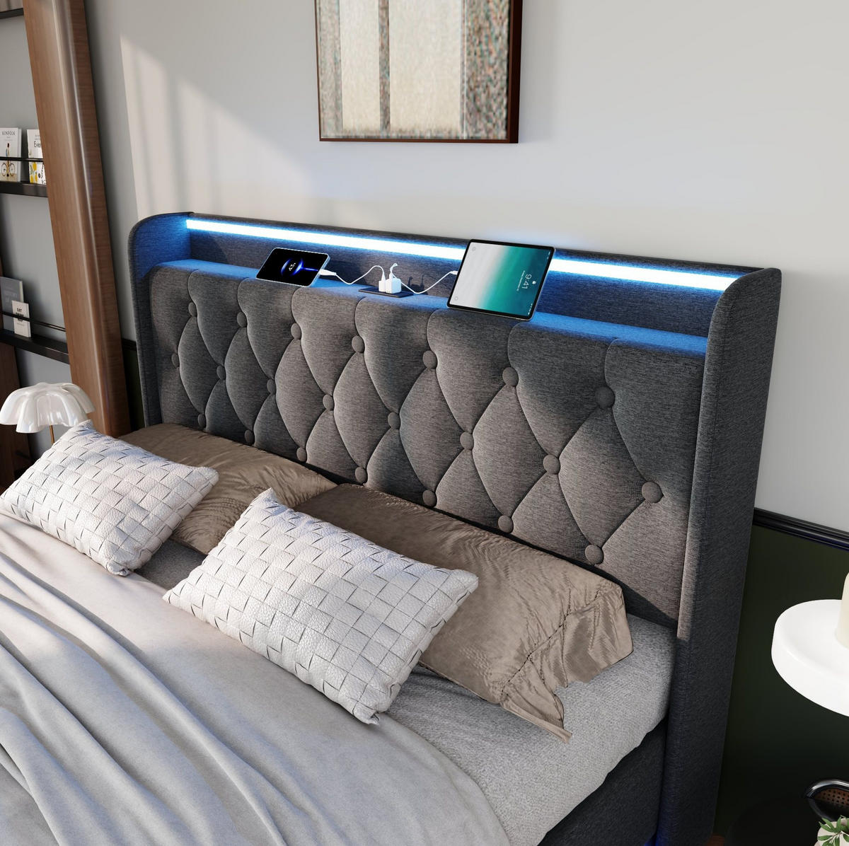 POLSTERBETT 140/200 cm Grau aus Leinen mit LED und Bettkasten - Grau, Textil (140/200cm) - OKMYHOME