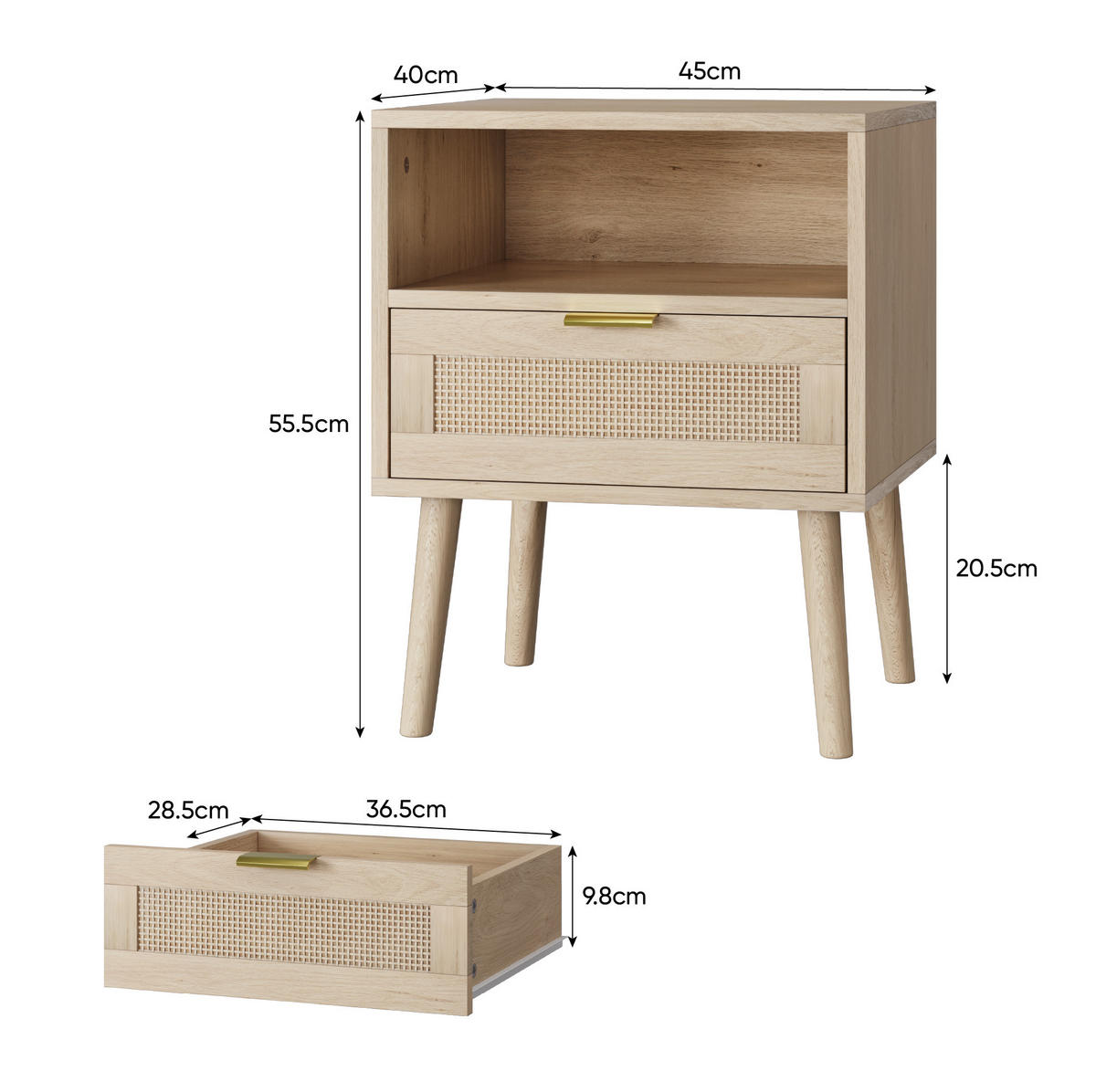 NACHTTISCH aus MDF und Holzwerkstoff 45x40x55 cm Eichefarben mit Schublade und offenem Fach in Rattan-Optik - Nussbaumfarben, Holzwerkstoff (45/55/40cm) - Modfu