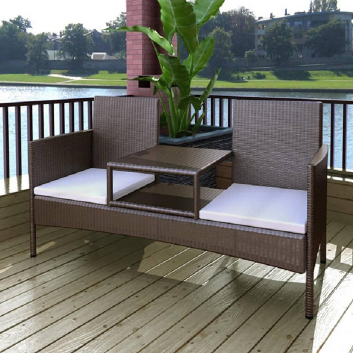 GARTENSOFA 2-Sitzer mit Teetisch Poly Rattan Braun - Braun, Holz (152/85/62cm) - furnicato