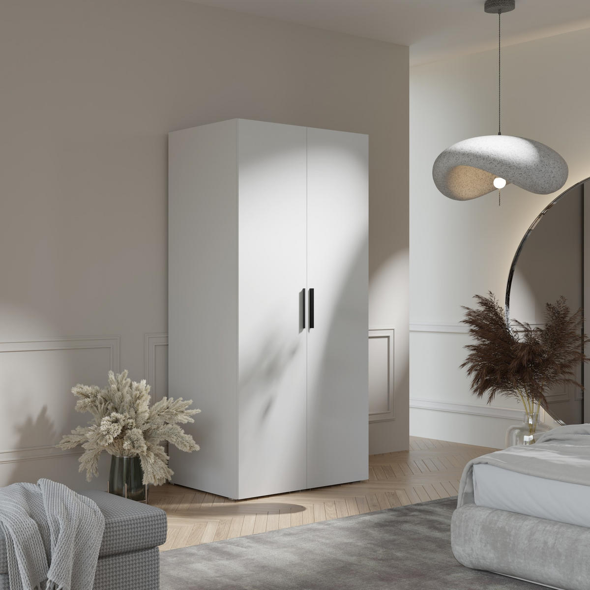 DREHTÜRENSCHRANK Napoli 2D 100 Weiß (schwarzer oder goldener Griff) - Silberfarben/Schwarz, Holzwerkstoff/Kunststoff (100/35/60cm) - mzm24