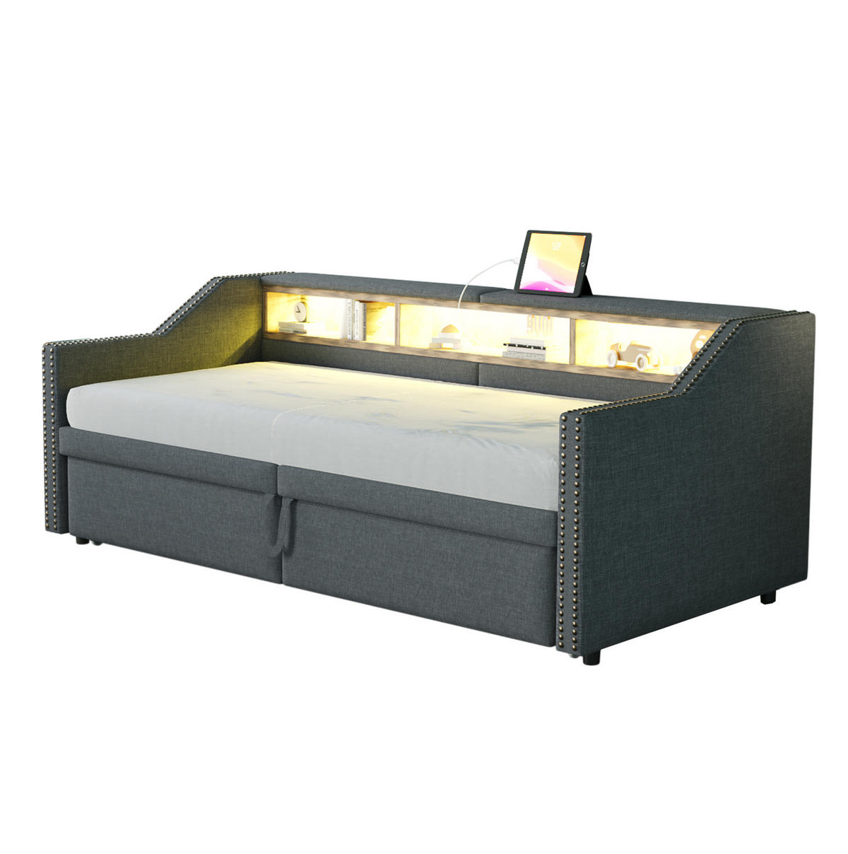 AUSZIEHBETT 90/180 x 200 cm Dunkelgrau mit LED-Beleuchtung und USB-Anschluss - Dunkelgrau, Textil (90/190cm) - Flora Grace