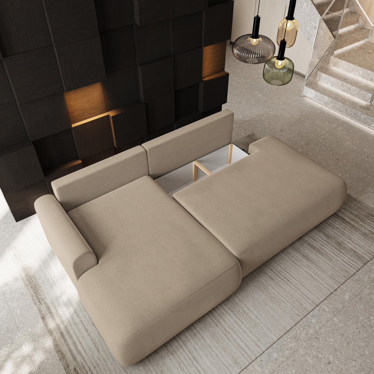 ECKSOFA NUVIRA CL L-S Beige Samtstoff mit Schlaffunktion - Beige, Holzwerkstoff/Textil (279/158cm) - MASSENO