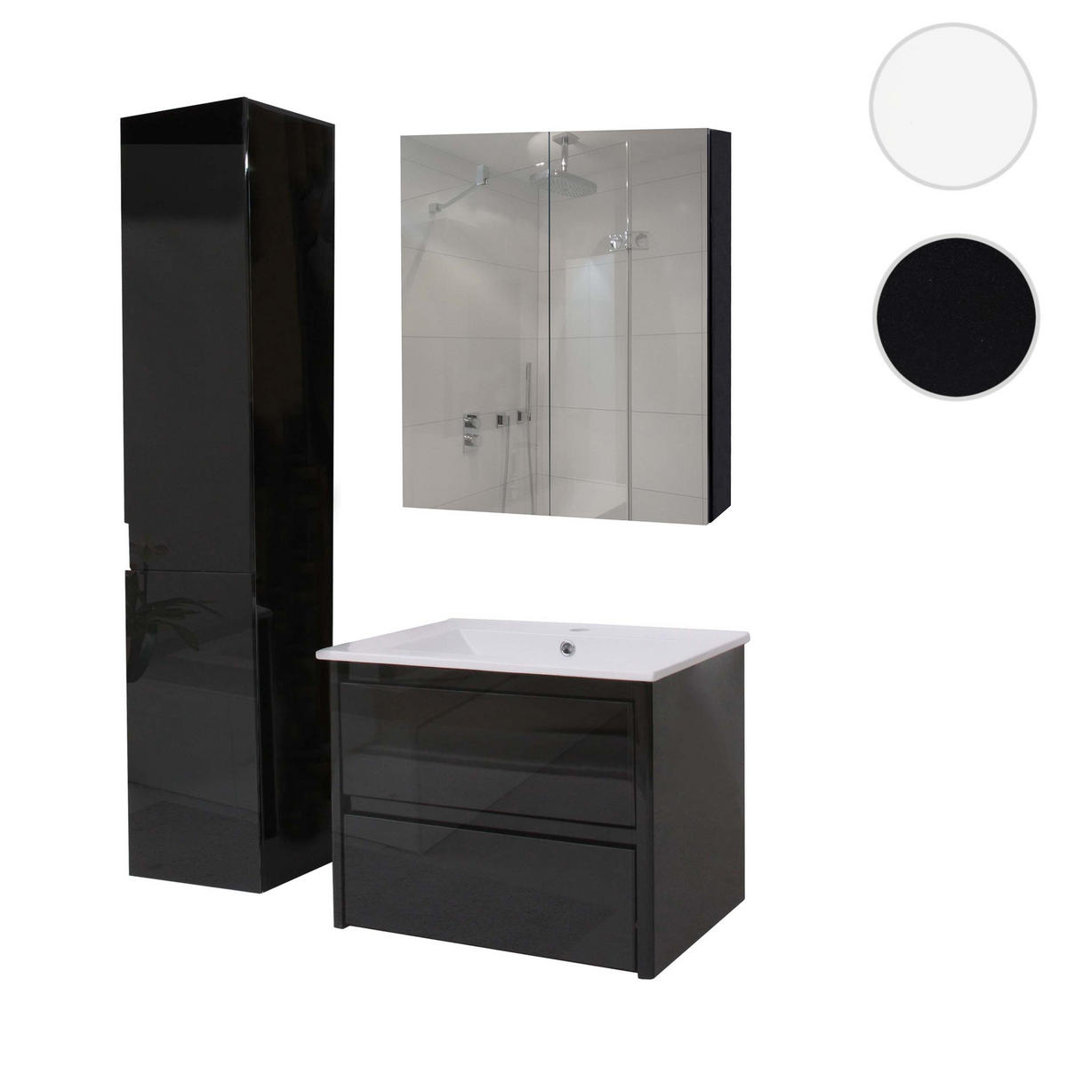 BADEZIMMERSET B19B Hochglanz Schwarz - Schwarz Hochglanz, Holz (61/150/47cm) - MCW